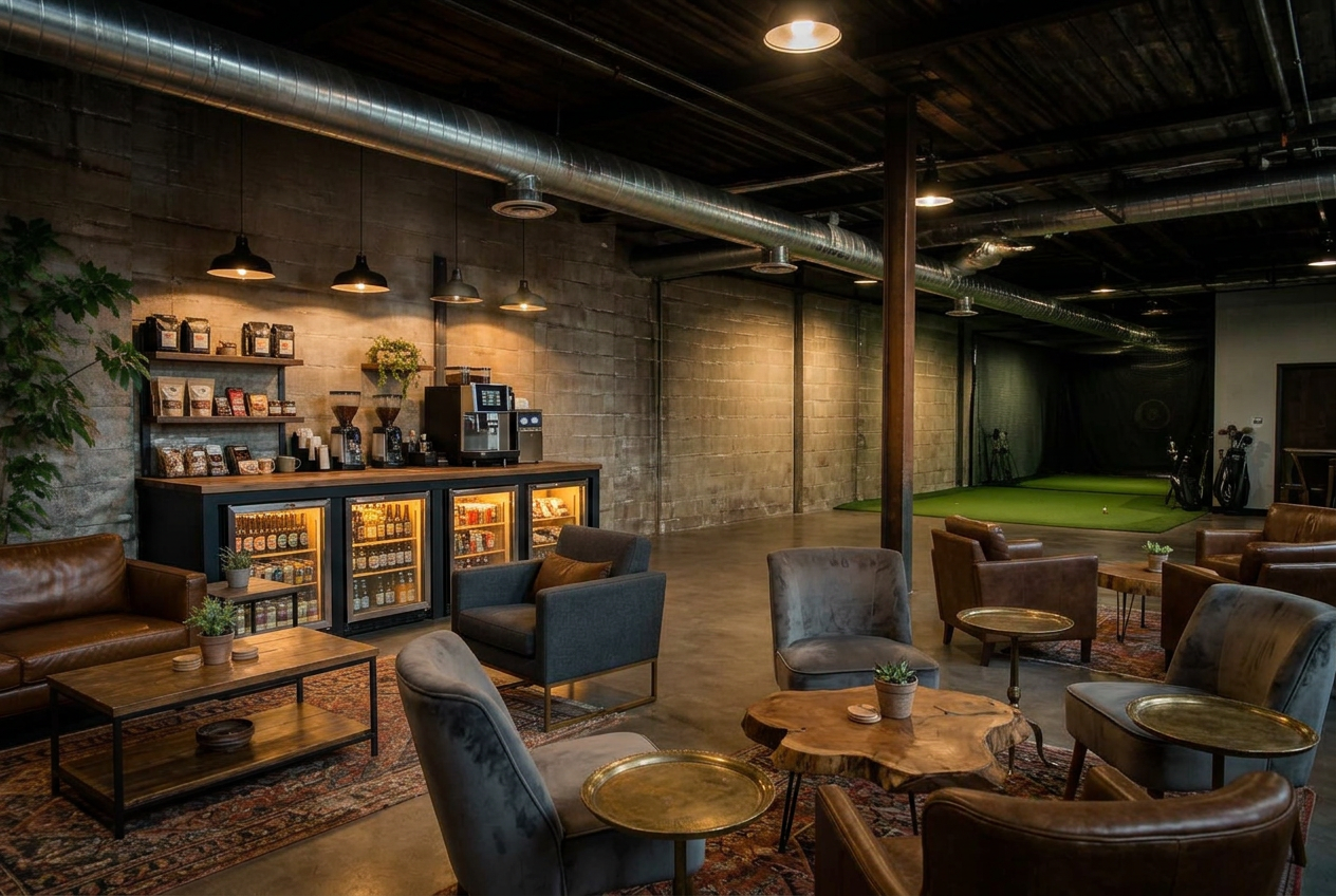 Concept of a relaxed indoor golf lounge with comfortable seating, a coffee bar and a putting green in the background