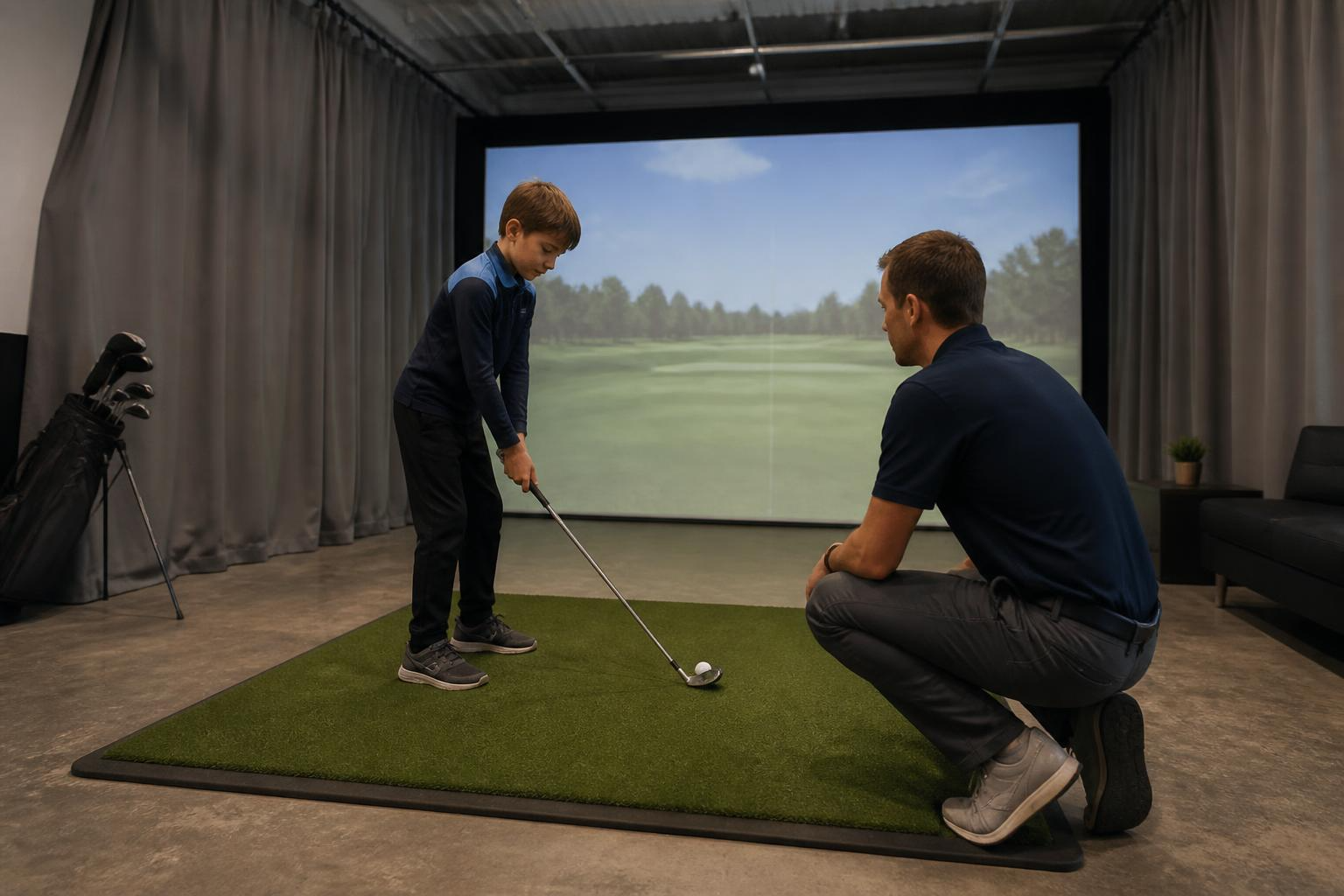 A junior golfer practising indoors with a coach alongside