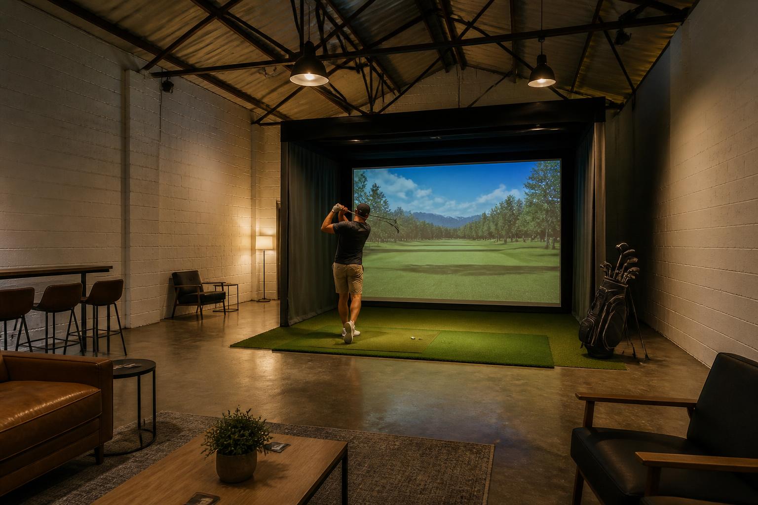 A golfer mid-swing in a modern indoor golf simulator bay
